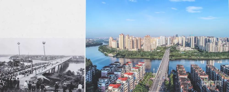 20世纪90年代的武龙大桥(左)和改造提升后的武龙大桥(右)(央广网发 赣州市委网信办供图)